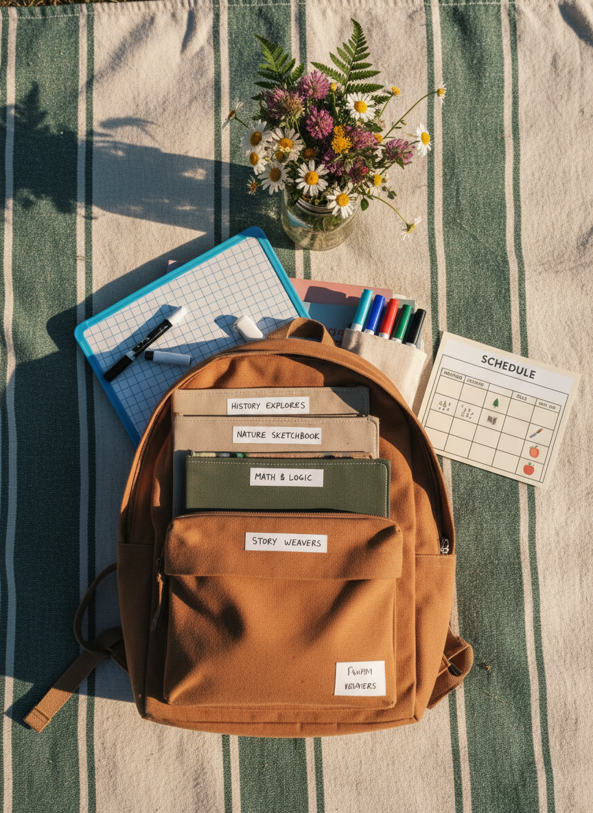 A detailed flat lay of a “co-op in a backpack” spread across a sun-washed cotton picnic blanket in muted forest green and cream stripes. The open canvas backpack reveals sorted folders labeled with subjects, a compact portable whiteboard, dry-erase markers, and a small mason jar filled with wildflowers. Nearby, a laminated schedule card lists rotating co-op roles with tiny icons of trees, books, and paintbrushes. Late afternoon outdoor light creates a golden, playful atmosphere, with crisp shadows from the backpack straps and flowers. Photographic realism, captured from a perfectly overhead bird’s-eye view, with carefully spaced objects giving a tidy yet relaxed composition. The mood is adventurous and communal, ideal for representing on-the-go meetups and flexible outdoor learning days in a homeschool community.