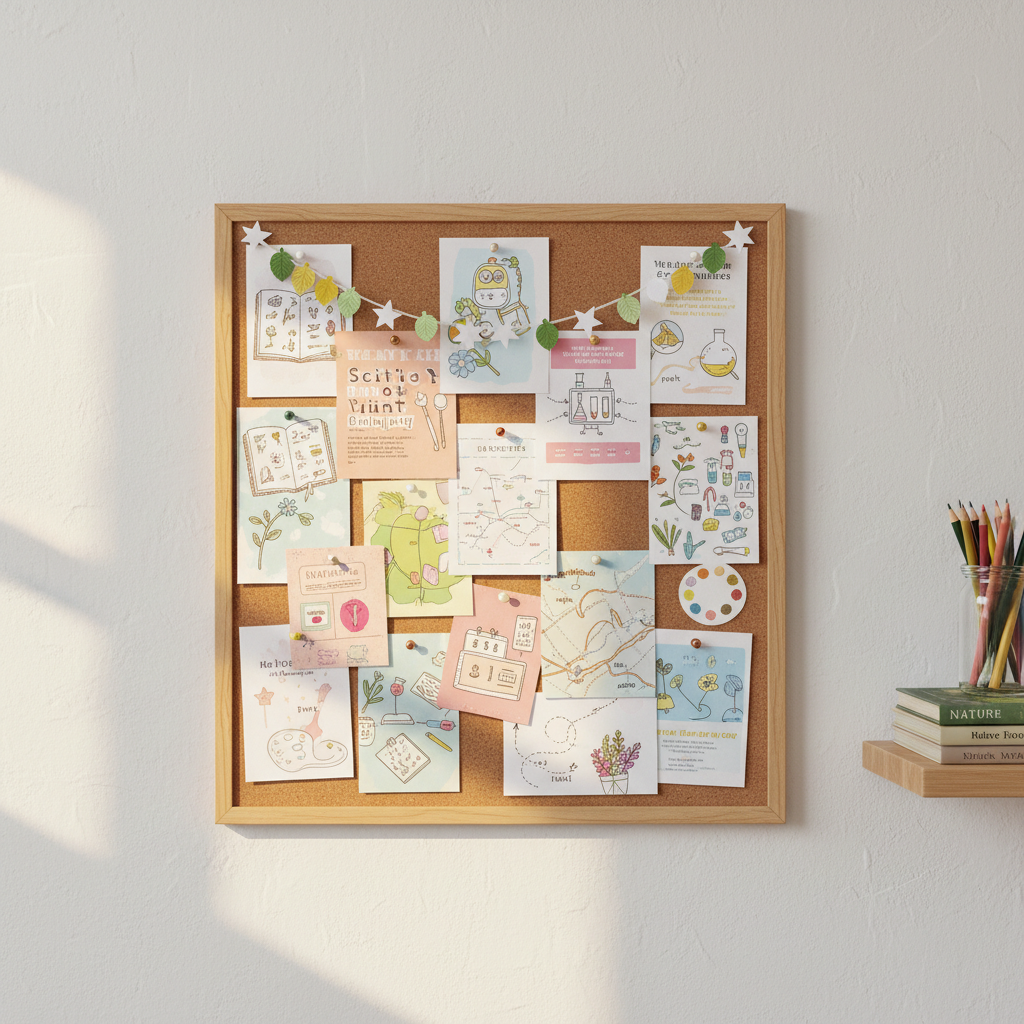 An inviting cork bulletin board mounted on a lightly textured white wall, filled with colorfully illustrated event cards and co-op flyers pinned in playful, slightly crooked arrangements. Each card shows tiny drawings of nature study notebooks, science kits, art palettes, and simple maps with hand-drawn arrows. A string of small paper leaves and stars hangs across the top, gently curving. Afternoon natural light from the left creates soft, warm highlights on the pushpins and subtle shadows beneath each card’s edge. On a nearby wooden shelf, a stack of field guides and a jar of colored pencils sit in pleasing blur. Photographic realism, shot straight-on for a clean, modern composition that feels organized yet whimsical, ideal for representing a central homeschool events hub.