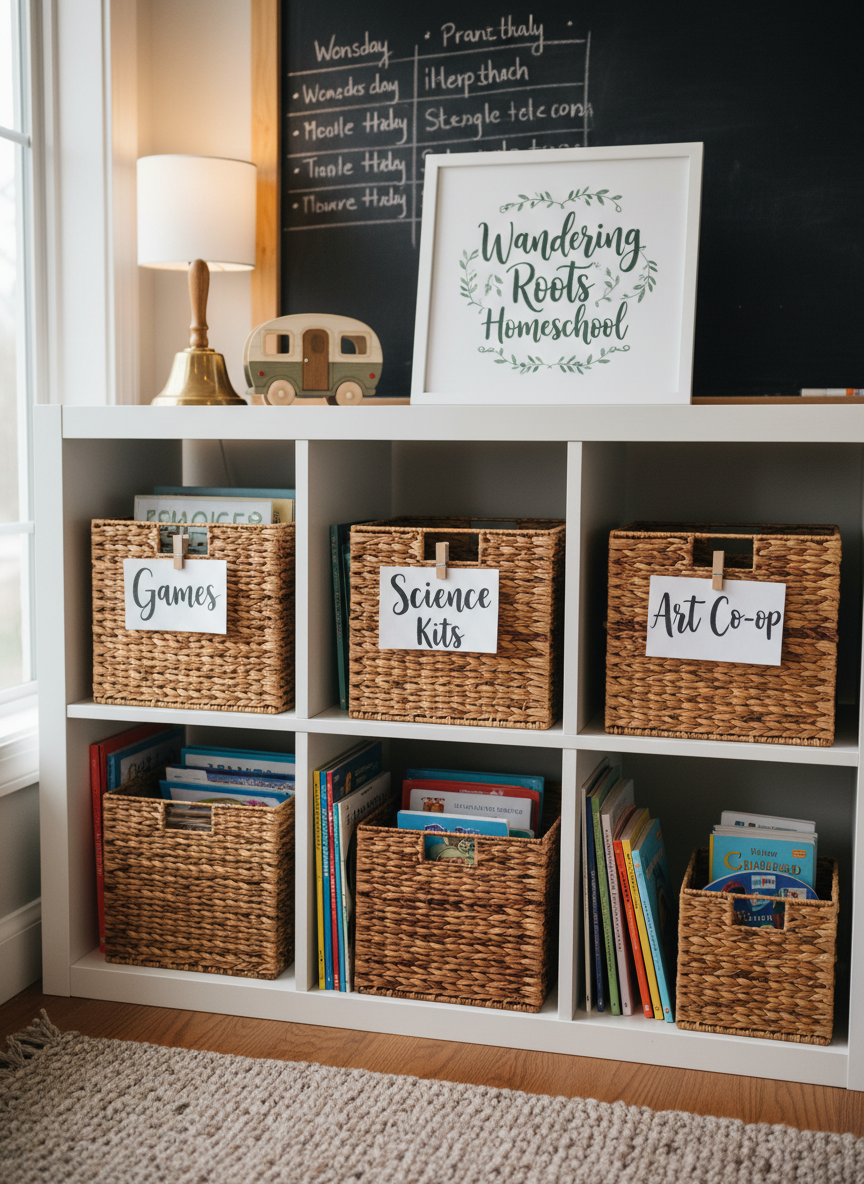 A cozy homeschool resource corner with open white shelving packed neatly with baskets labeled “Games,” “Science Kits,” and “Art Co-op,” each basket woven from natural fibers in varied honey and chestnut tones. On the top shelf, a vintage-style school bell and a miniature wooden camper van sit beside a framed, hand-lettered print that reads “Wandering Roots Homeschool” with playful flourishes of vines. Soft overhead lighting and indirect window light blend to create a warm, inviting glow, emphasizing the textures of wicker, paper labels, and book spines. Photographic realism, shot at eye level with a moderate depth of field so labels are crisp while background walls and a chalkboard schedule gently soften. The mood is organized, cheerful, and community-oriented, evoking a shared hub of resources for families.