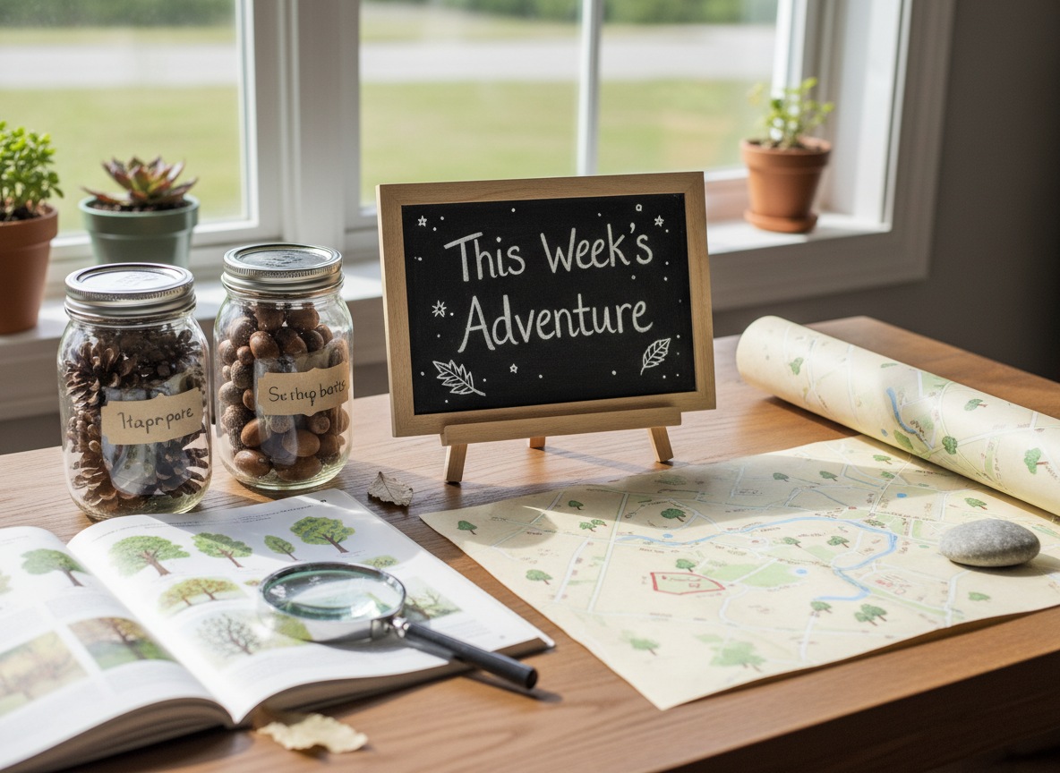 A sunlit nature table positioned beside a large window, filled with carefully arranged homeschool treasures: labeled mason jars of pinecones and acorns, a magnifying glass resting on an open field guide, and a small chalkboard sign reading “This Week’s Adventure” in playful handwriting. A hand-drawn map of a local park, scattered with tiny tree and creek icons, lies partially unrolled, held in place by a smooth river stone. Soft, diffused daylight brightens the scene, revealing fine textures of bark and leaves while casting gentle, natural shadows. Photographic realism with a vibrant yet calming tone, captured at a slightly elevated, three-quarter angle. The composition centers the chalkboard and map, with a shallow depth of field that lets the far windowsill and outdoor greenery fall into pleasant blur, suggesting outdoor meetups and exploratory co-op days.